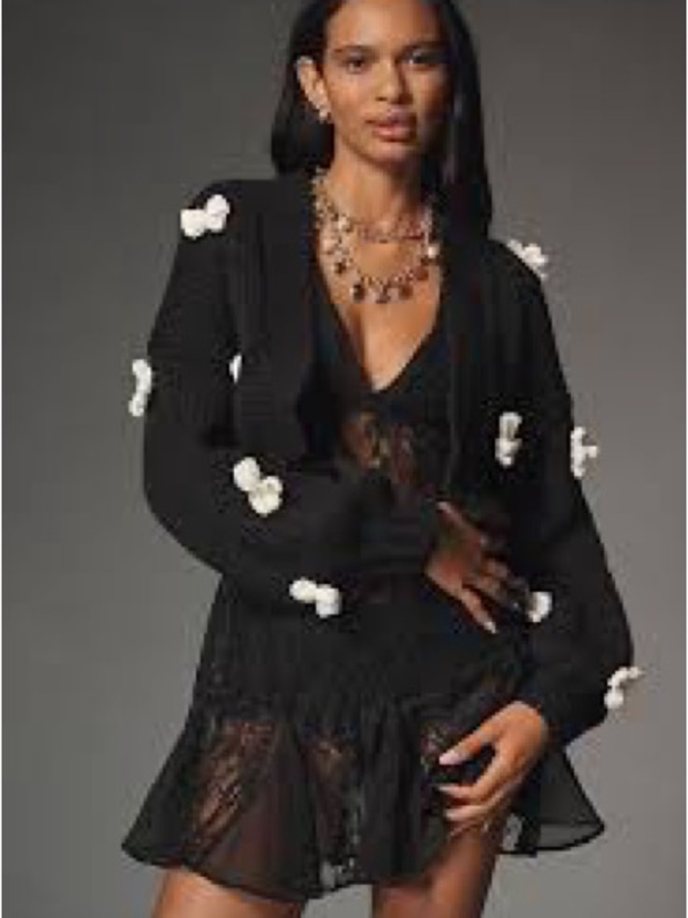 Maeve by Anthropologie Roffe 3D Bow Cardigan in black, open-front one size